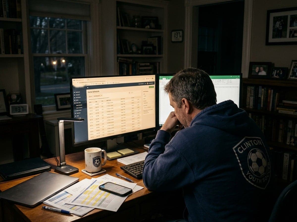 A club volunteer working on the game schedule late at night.