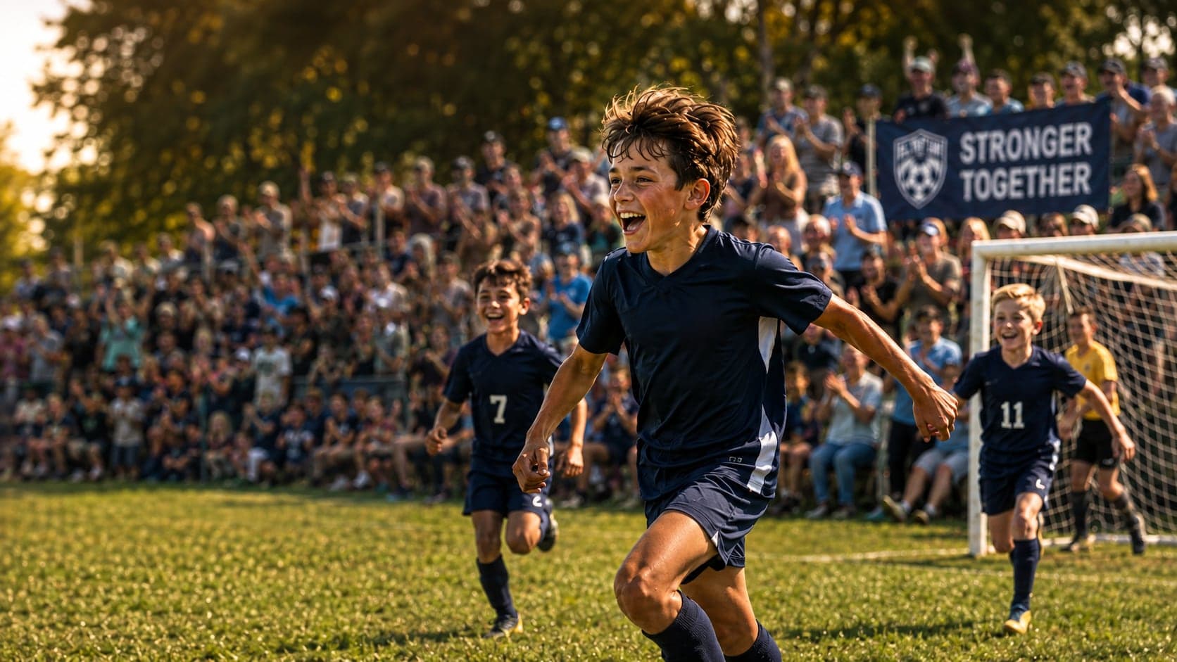 A young player celebrating a goal in front of a packed sideline